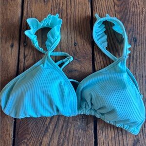 Ribbed Aqua Triangle Bikini Top with Ruffled Straps